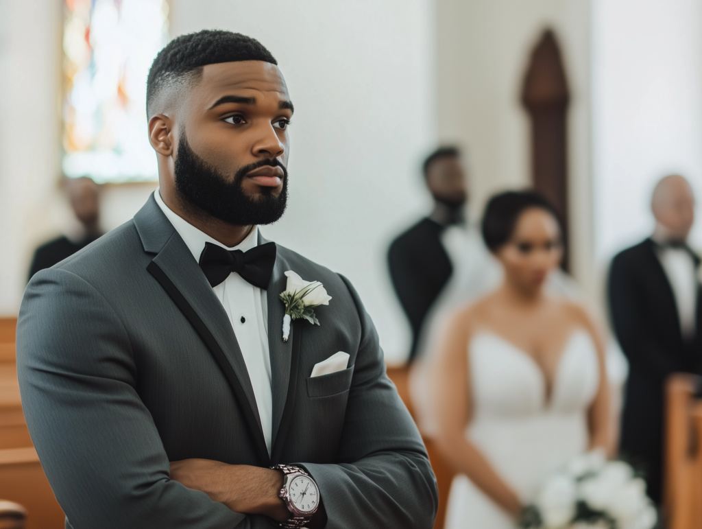 Groom waiting at the alter for his bride on their wedding day, she is late